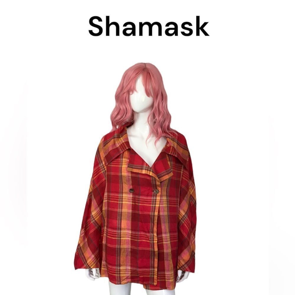 Shamask Rare Red Plaid 100% Linen Lagenlook Jacket Top Size 18